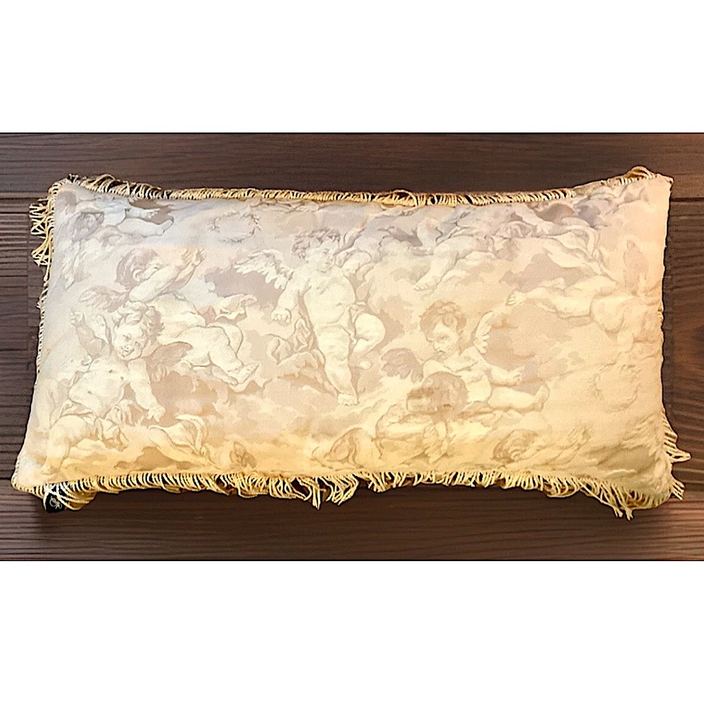 🪽BESS🪽LOMBER CHERUB ANGLES LINEN CANVAS FRINGE VTG DECRETIVE ACCENT PILLOW👼